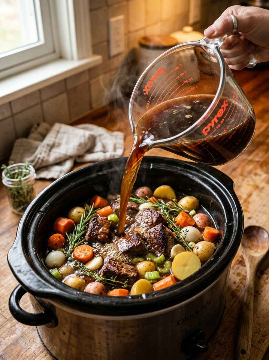 Pouring beef broth into a slow cooker filled with beef and vegetables