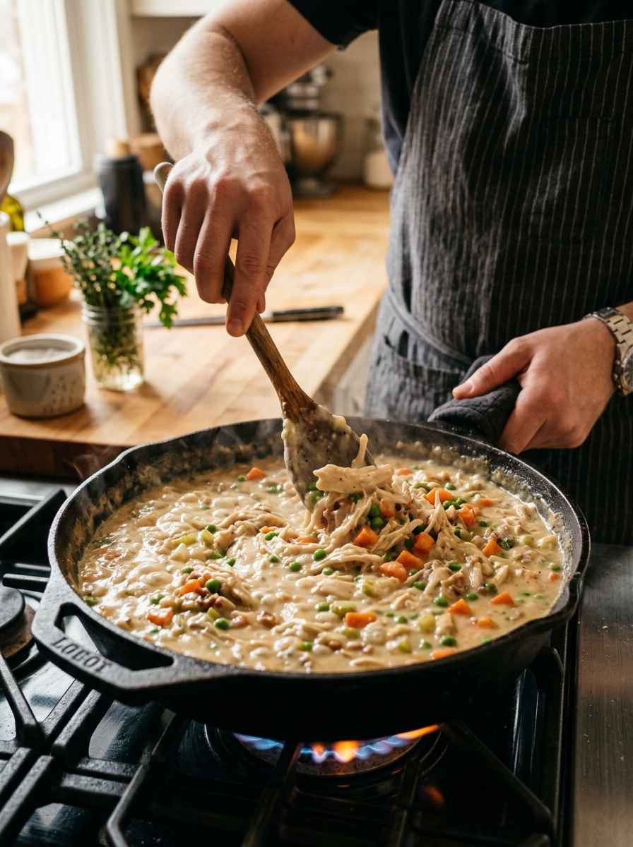 Stirring bubbling creamy chicken pot pie filling in a cast iron skillet