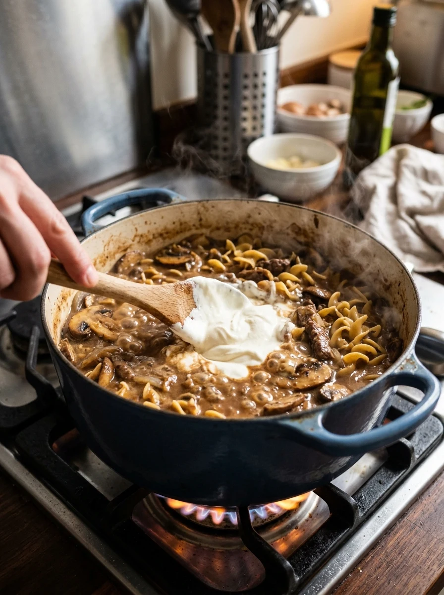 Active cooking action for One-Pot Creamy Beef Stroganoff with Egg Noodles