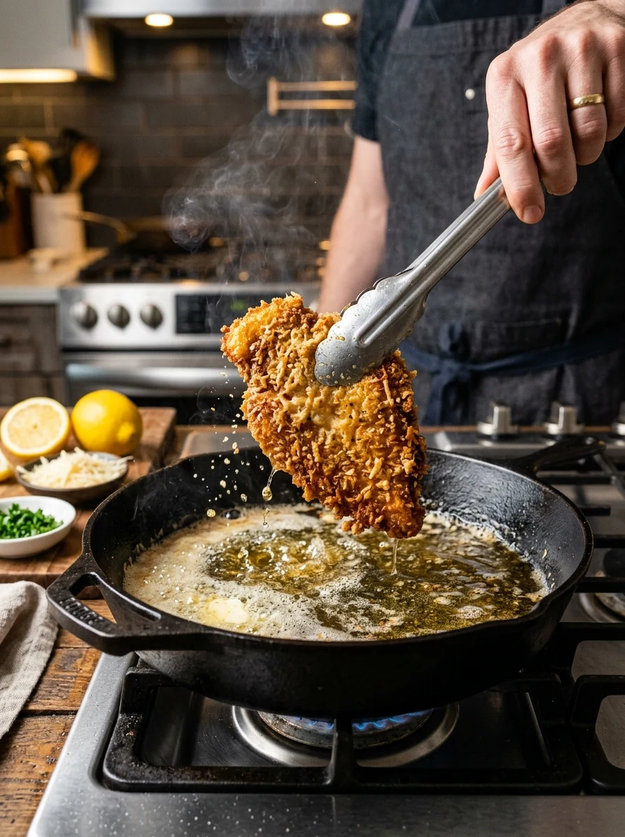 Active cooking action for Crispy Garlic Parmesan Chicken Cutlets with Lemon Butter
