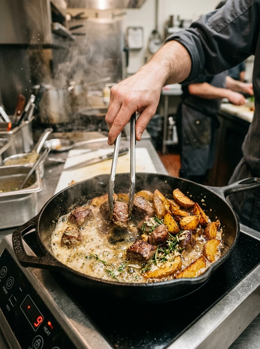Active cooking action flipping steak bites and potatoes in foaming garlic butter